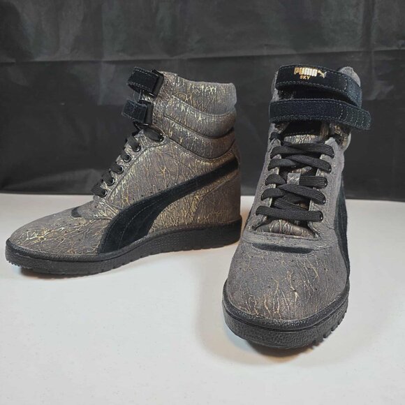 PUMA SKY WEDGE HIGH TOP SNEAKERS SHOES GOLD GRAY IRIDESCENT WOMENS SIZE 7 - Picture 3 of 7